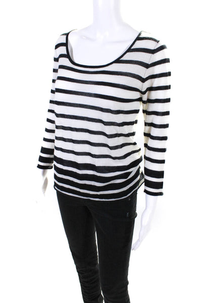 Enza Costa Womens Striped 100% Cashmere 3/4 Sleeved Shirt White Black Size M