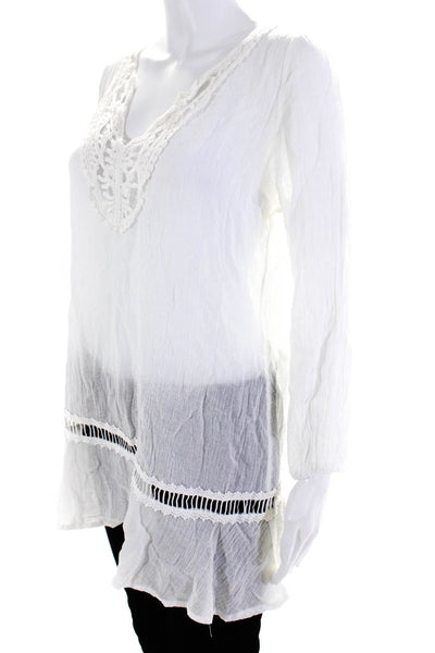 Eberjey Womens Cotton Embroidered Trim Long Sleeve Tunic Blouse White Size S