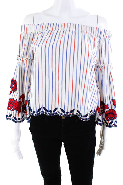 Parker Women's Off The Shoulder Embroidered 3/4 Sleeves Striped Blouse Size S