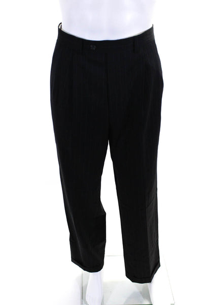 Chaps Mens Wool Pleated Pinstripe Zip Up Dress Pants Black Size 34 x 32