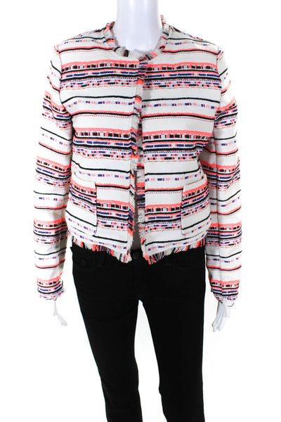 Belle Vere Womens Long Sleeve Striped Neon Fringe Blazer Jacket White Size S