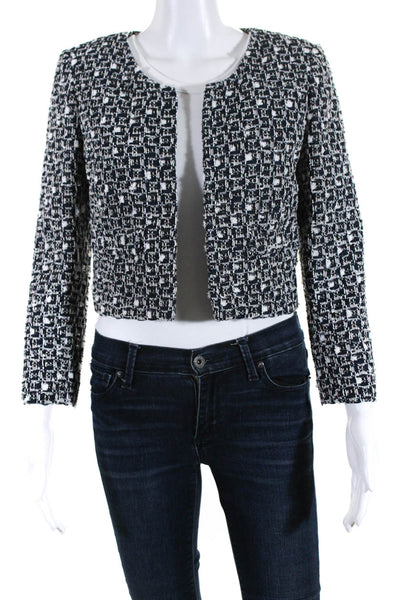 Oscar de la Renta Womens Open Front Cropped Tweed Jacket Navy Blue White Size 6