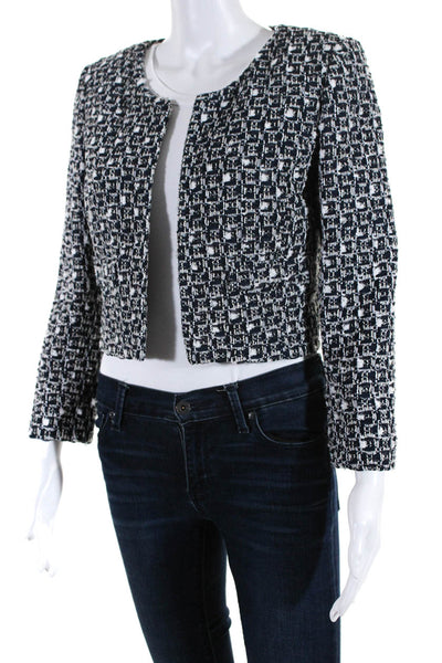 Oscar de la Renta Womens Open Front Cropped Tweed Jacket Navy Blue White Size 6