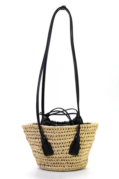 Bottega Veneta Womens Small Arco Raffia Straw Leather Basket Bag Handbag Black