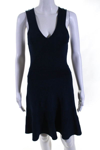 Milly Womens Blue Ribbed Knit V-Neck Zip Back Sleeveless Fit & Flare Dress SizeP