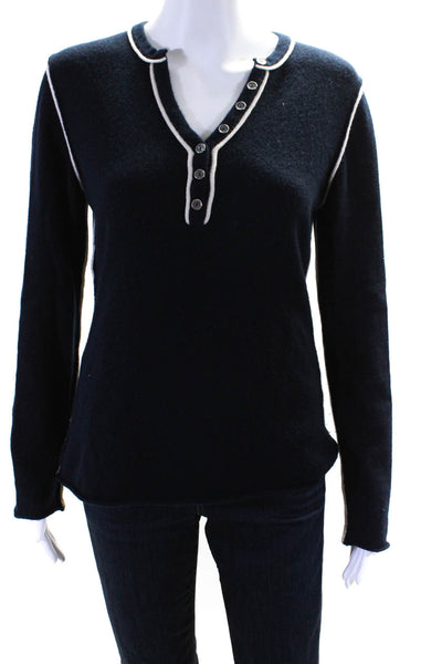 Nuan Womens Wool Long Sleeve V-Neck Tight-Knit Henley Sweater Navy Blue Size 8