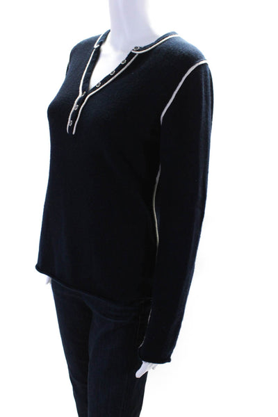 Nuan Womens Wool Long Sleeve V-Neck Tight-Knit Henley Sweater Navy Blue Size 8