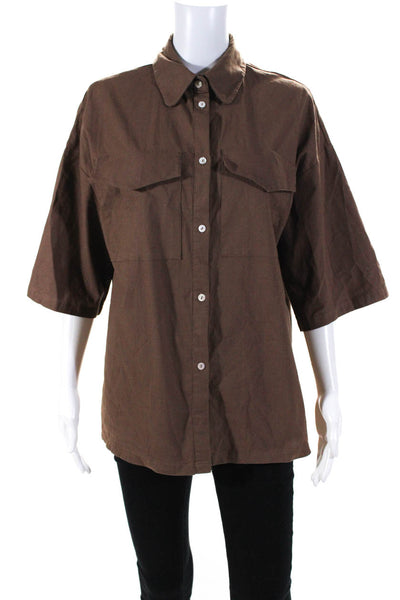 Commense Womens Button Down Shirt Brown Cotton Size Medium
