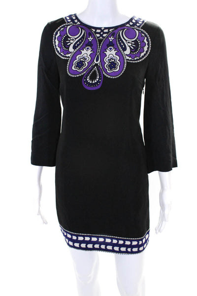 Tibi Womens Black Silk Printed Crew Neck 3/4 Sleeve A-Line Dress Size 2