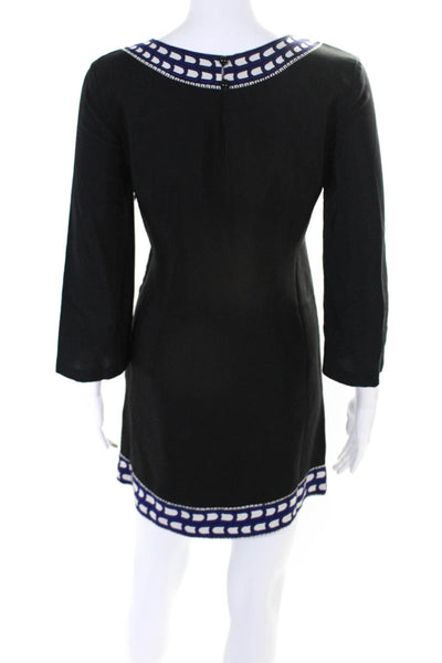 Tibi Womens Black Silk Printed Crew Neck 3/4 Sleeve A-Line Dress Size 2
