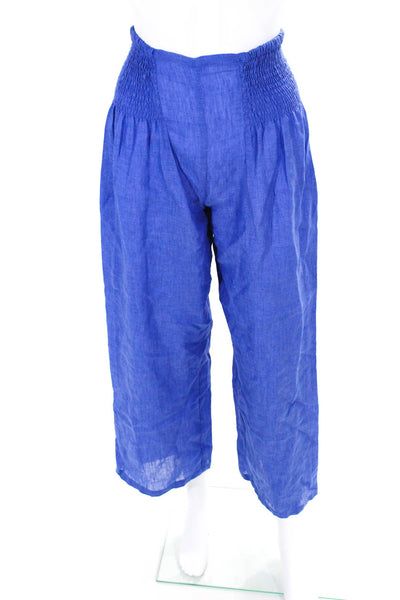 Marina St. Barth Womens Linen Ruched High Waist Straight Leg Pants Blue Size XS
