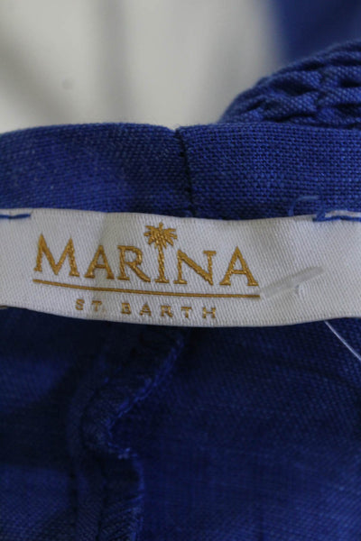 Marina St. Barth Womens Linen Ruched High Waist Straight Leg Pants Blue Size XS