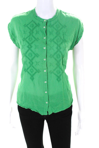 Hartford Womens Cotton Embroidered Stripe Buttoned Short Sleeve Top Green Size 0