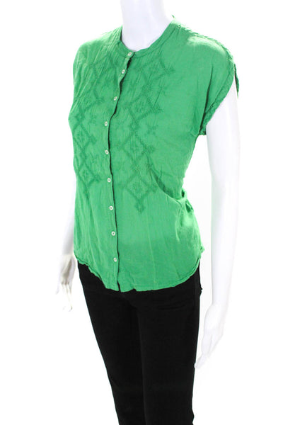 Hartford Womens Cotton Embroidered Stripe Buttoned Short Sleeve Top Green Size 0