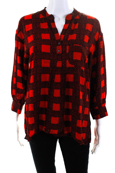 Joie Womens 3/4 Sleeve Check Y Neck Henley Top Blouse Red Black Size XXS