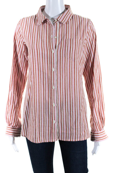 Birds of Paradis Womens Cotton Striped Collared Button Up Blouse Top Red Size S