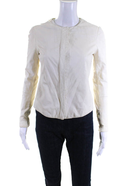 Vince Womens Leather Fabric Zippered Round Neck Motorcycle Jacket Cream Size XS