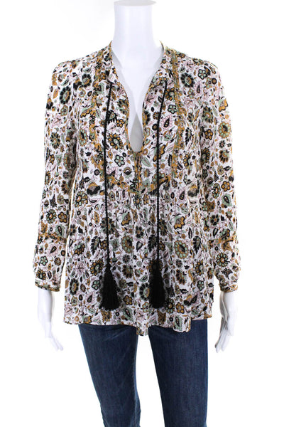 ALC Womens Brown Silk Floral Print V-neck Tassel Long Sleeve Blouse Top Size 2
