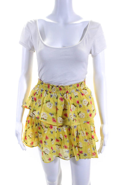 Love Shack Fancy Womens Cotton Floral Print Tiered Mini Skirt Yellow Size M