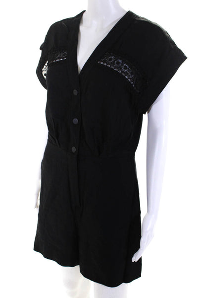 Sandro Womens Button Front Short Sleeve Lace Trim Romper Black Size FR 38