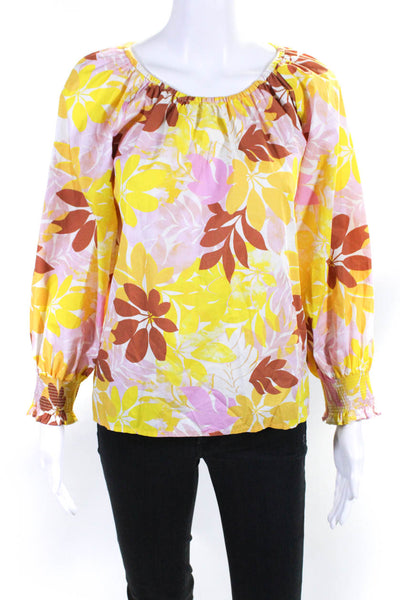 Xirena Womens Cotton Floral Print Ruched Long Sleeve Blouse Yellow Size XS