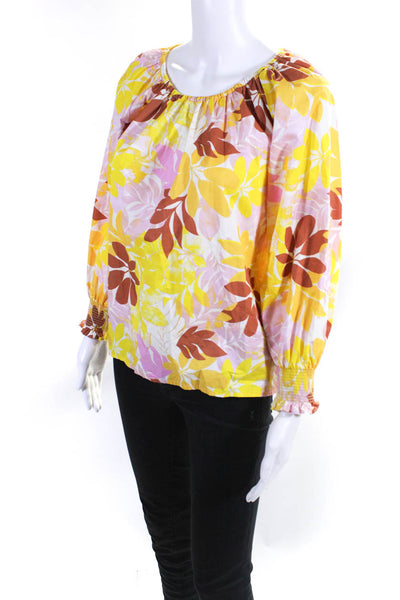 Xirena Womens Cotton Floral Print Ruched Long Sleeve Blouse Yellow Size XS