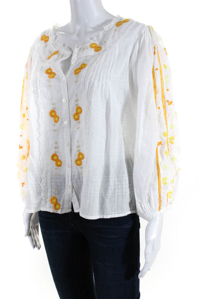 Love Shack Fancy Womens Button Front Floral Embroidered Shirt White Size Medium