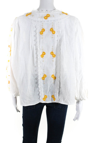 Love Shack Fancy Womens Button Front Floral Embroidered Shirt White Size Medium