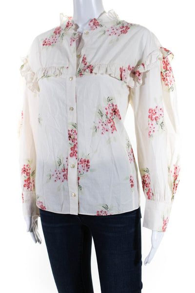 Rebecca Taylor Womens Button Front Ruffled Floral Collarless Shirt White Size 10