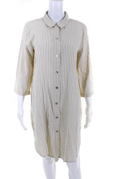 Eileen Fisher Womens Cotton Striped Print Button Up Shirt Dress Gray Tan Size S