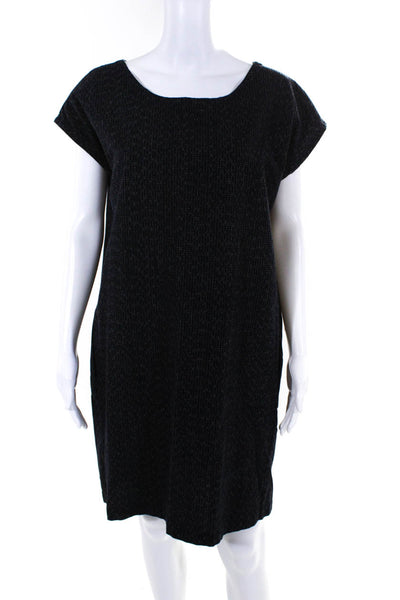 Eileen Fisher Womens Cotton Boat Neck Two Pocket Shift Dress Black White Size XS