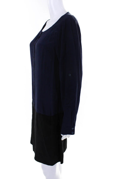 Eileen Fisher Womens Silk Colorblock Long Sleeve Shirt Dress Blue Black Size S