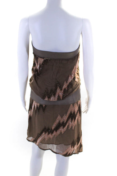 Anja Flint Womens Strapless Leather Trim Beaded Chiffon Dress Brown Size Medium