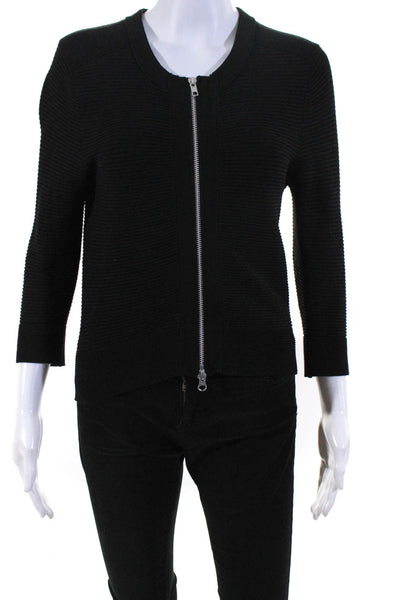 Autumn Cashmere Women's Long Sleeve Crew Neck Ribbed Zip Up Sweater  Black M