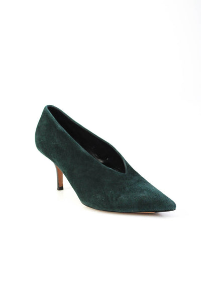 Celine Womens Stiletto Pointed Toe Deep Slit Pumps Dark Green Suede Size 35