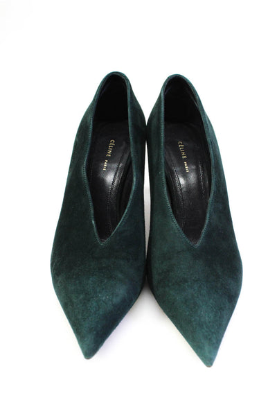 Celine Womens Stiletto Pointed Toe Deep Slit Pumps Dark Green Suede Size 35