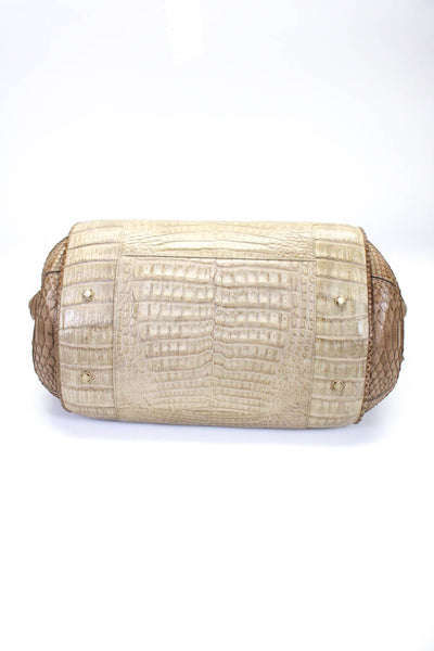 Armenta Womens Crocodile Snakeskin Suede Lined Zippered Top Handle Handbag Brown