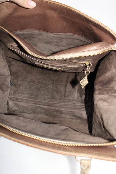 Armenta Womens Crocodile Snakeskin Suede Lined Zippered Top Handle Handbag Brown
