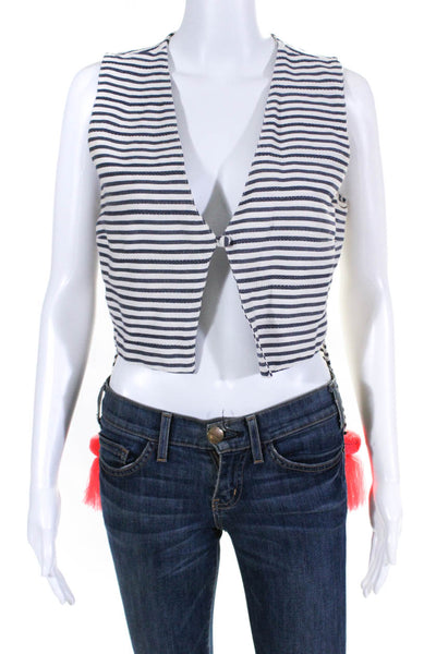 America & Beyond Womens Striped V Neck Buttoned Cropped Vest  Blue White Size M