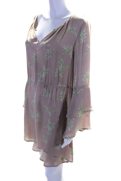 Alcee Womens Ruffled Long Sleeve V Neck Silk Floral Dress Beige Size Small
