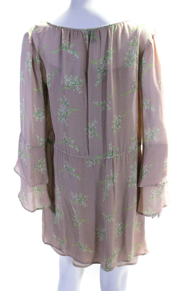 Alcee Womens Ruffled Long Sleeve V Neck Silk Floral Dress Beige Size Small