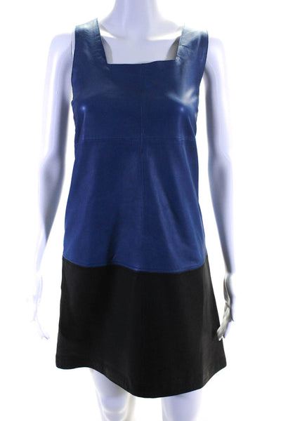 Massimo Dutti Womens Back Zip Square Neck Leather Shift Dress Blue Black Small