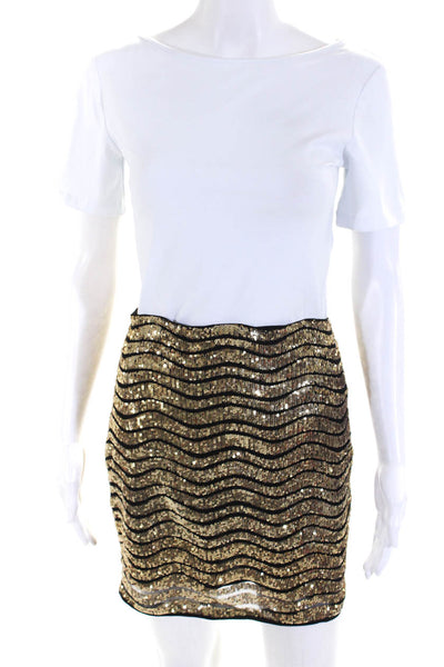 Hours Womens Back Zip Sequin Striped Mesh Mini Skirt Black Gold Tone Size Small