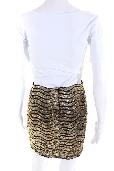 Hours Womens Back Zip Sequin Striped Mesh Mini Skirt Black Gold Tone Size Small