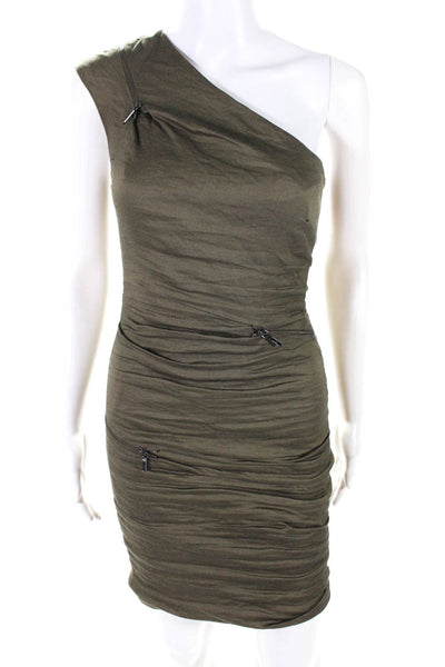 Nicole Miller Collection Women's One Shoulder Ruched Zipper Mini Dress Green 4