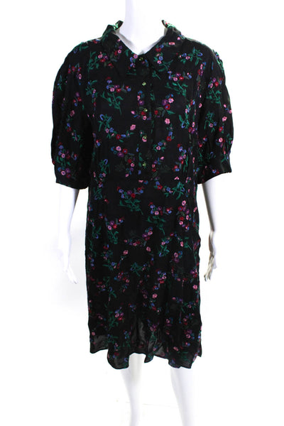 Brora Womens Floral Embroidered Half Button Down A Line Dress Black Size 16