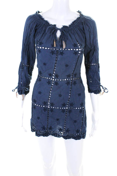 Letarte Handmade Women's Embroidered V-Neck Tunic Dress Blue Size S