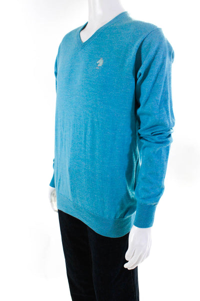 Peter Millar Mens Teal Wool Knit V-neck Long Sleeve Pullover Sweater Top Size L