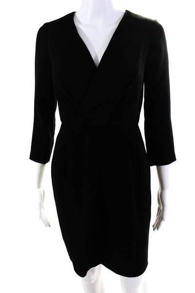 Shoshanna Womens Pleated V-Neck 3/4 Sleeve Knee-Length Pencil Dress Black Size 0