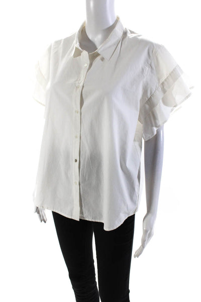 Chan Luu Womens Cotton Short Sleeve Collared Button Up Blouse Top White Size M